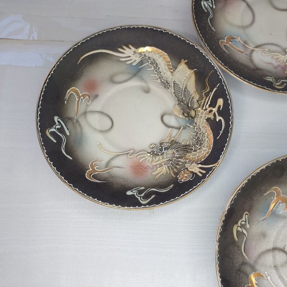 Vintage Occupied Japan Dragonware Tea Cups Saucer Set (4) Moriage Orange Luster - Picture 6 of 12